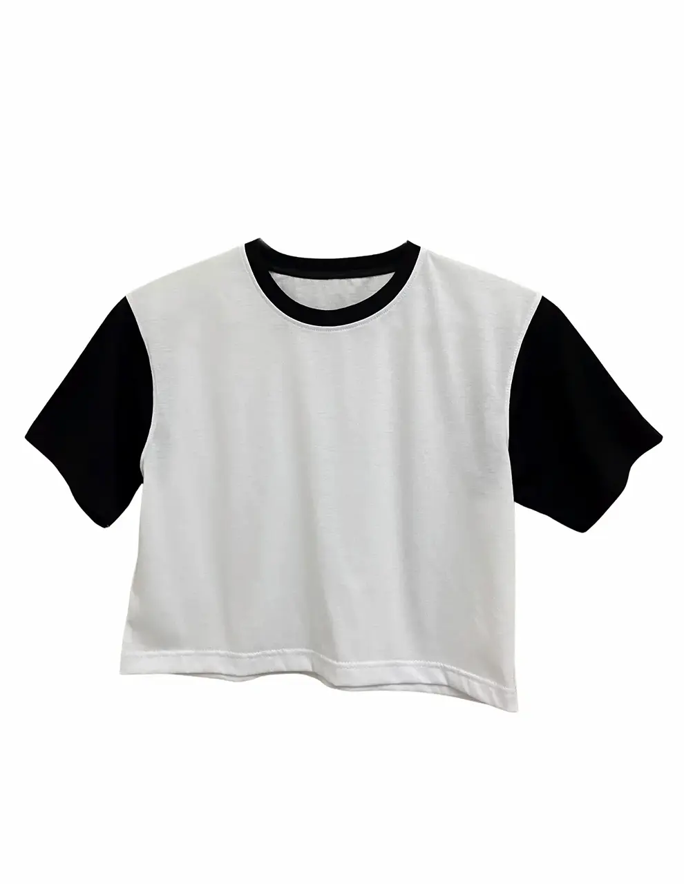 Black Mix Sleeve Women’s Crew Neck White Color Crop Top