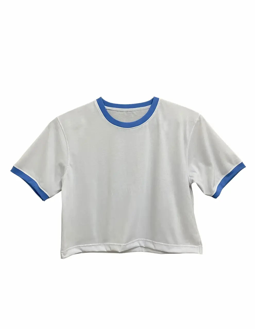 Medium Blue Mix Cuff Women’s Crew Neck White Color Crop Top